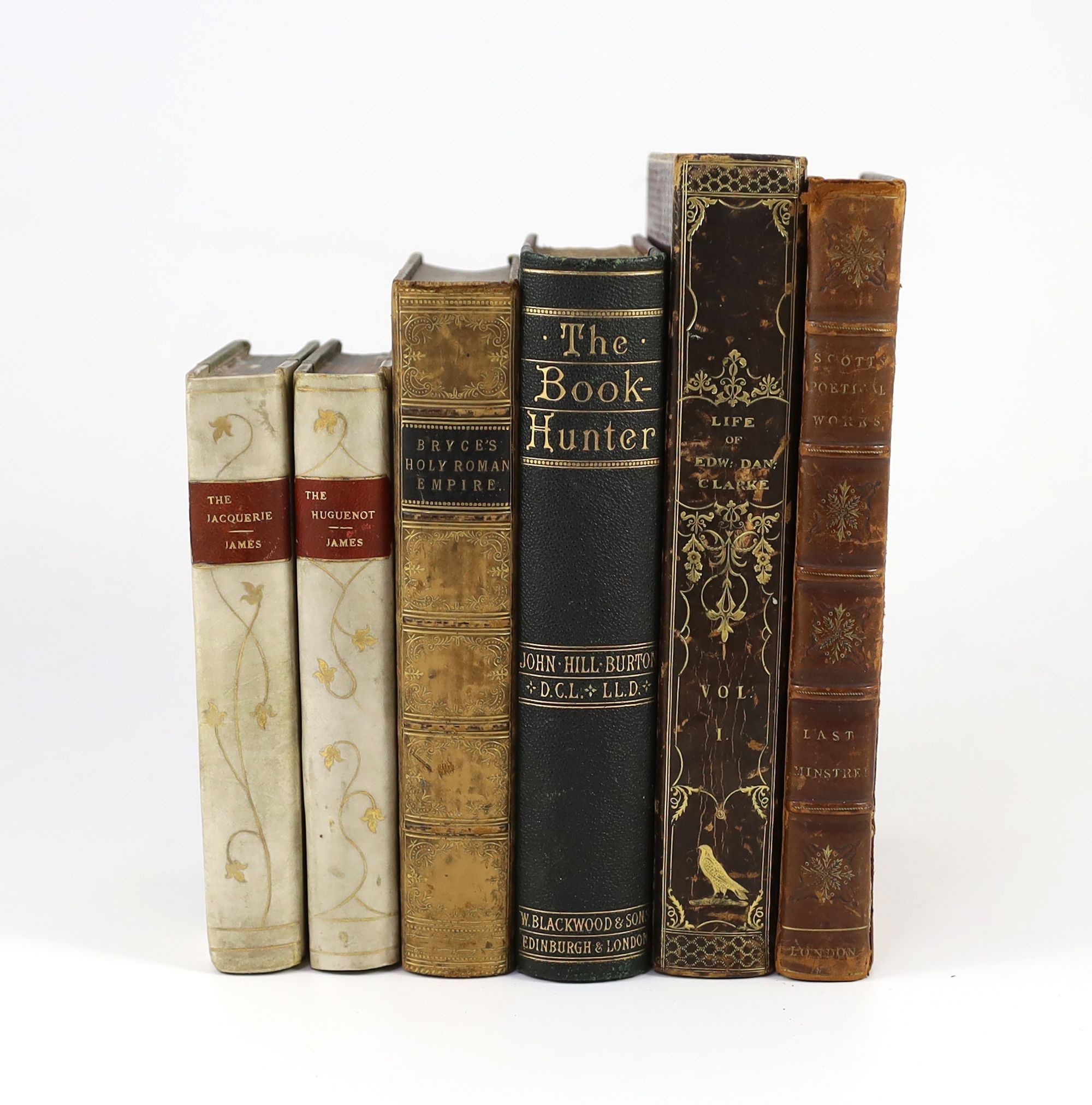Various 19th century works, including; James, G. P. R - The Jacquerie [and] The Huguenot - 2 works. Both in quarter vellum and cloth with morocco labels and gilt decorations on spine. Marbles edges. 8vo. Simms and M’inty